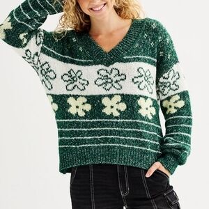 SO Womens V-Neck Pullover Sweater Oversized Chunky Knit Green Daisy XS